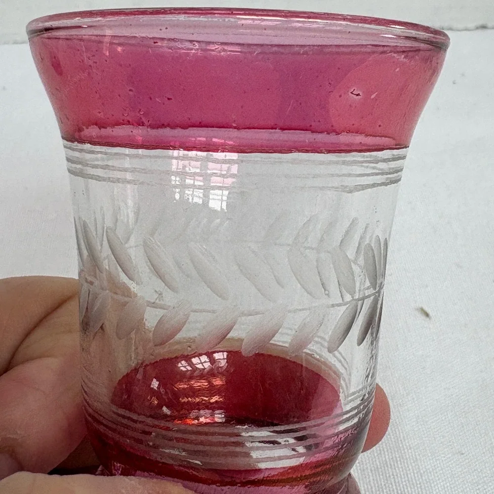 Vintage Cranberry Flashed Glass Shot Glasses Set‎ of 2 Etched Leaf Wheat Pattern